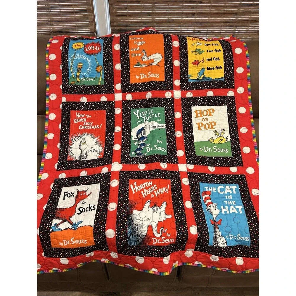 Hand Quilted Kids Quilt Dr Seuss Theme Multi Color Stitching 40” X 50” Books